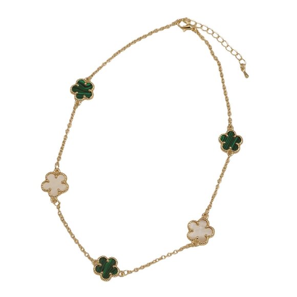 5 PEARL/GREEN (MALCHAITATE) CLOVER 2 SIDED GOLD NECKLACE, EXCELLENT QUALITY!! - Picture 1 of 6